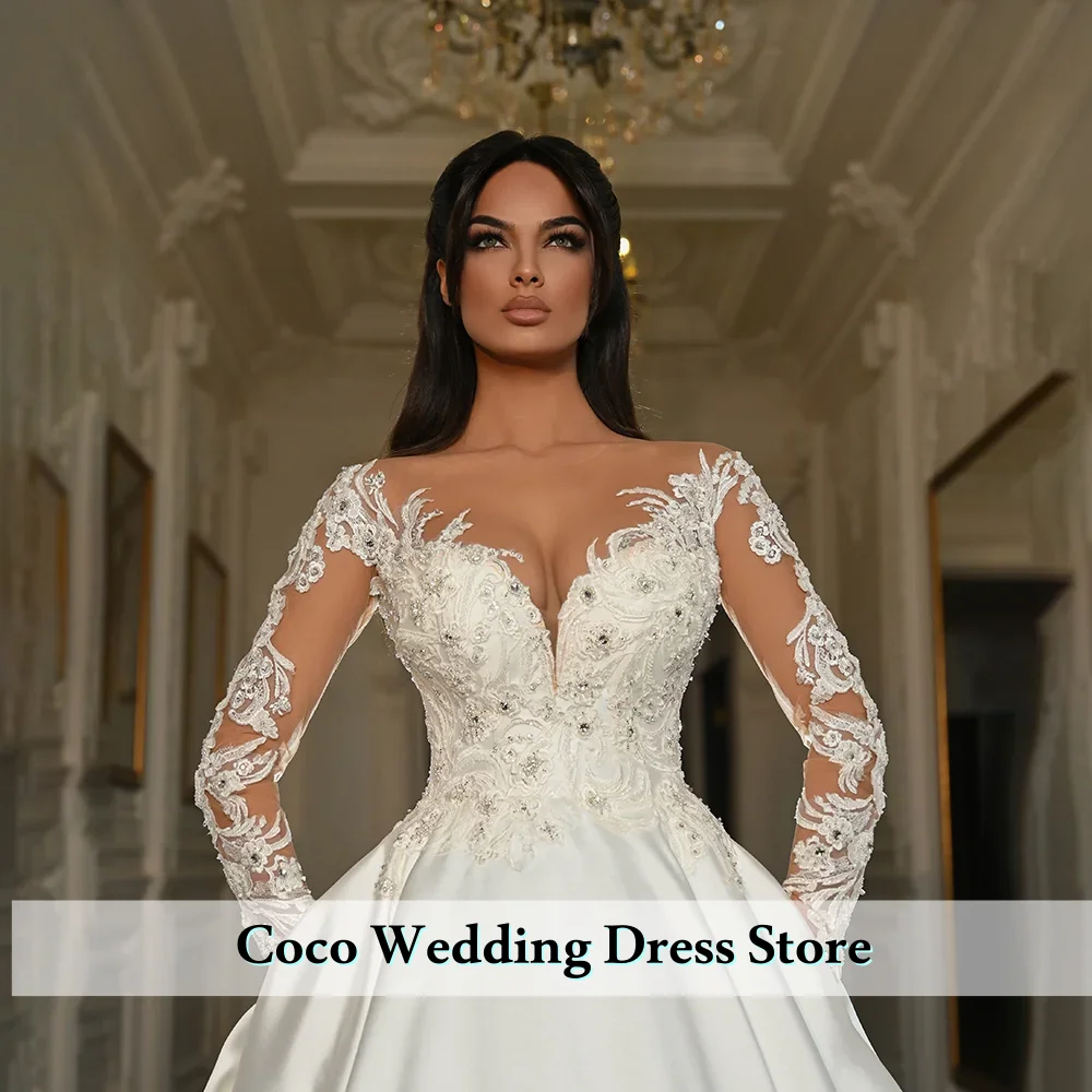 Customized Gorgeous Wedding Dress Long Sleeve O Neck Beading Applique Stone Corset Bridal Gown Sweep Train Satin Bride Dresses