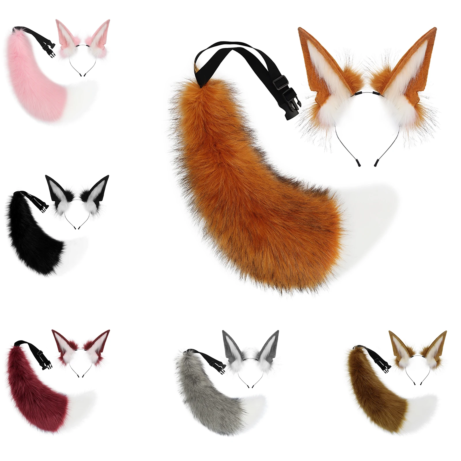 2 Pieces Plush Faux Fur Fox Ears Headband Wolf Tail Fursuit Costume Accessories