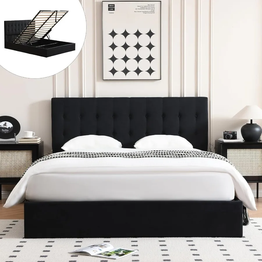 Full Size LiftUp Storage Bed Black Linen Upholstered Platform Frame with Hydraulic UnderBed Storage ButtonTufted Headboard Stur