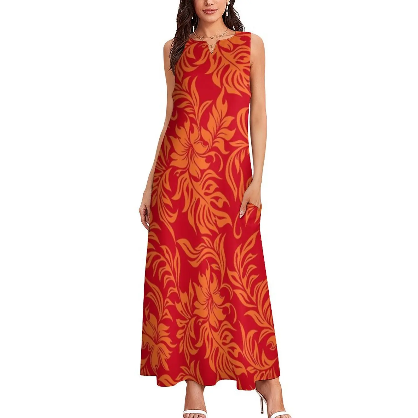Waikiki hibisco havaiano pareau floral-vermelho e laranja vestido longo vestido feminino vestidos de festa mulher vestidos para festa de casamento