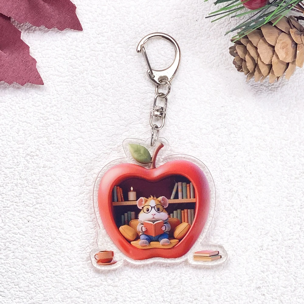9Pcs Apple Bookstore Hamster Rabbit Car Keychain Accessories Acrylic Cute Charms Pendant For Bag Key Holder Backpack Decoration