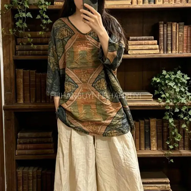 New Arrival 2026 Summer Arts Style Thin Ramie Women V-neck Tee Shirt Batwing Sleeve Vintage Print Loose Long Tees Tshirt  F2759