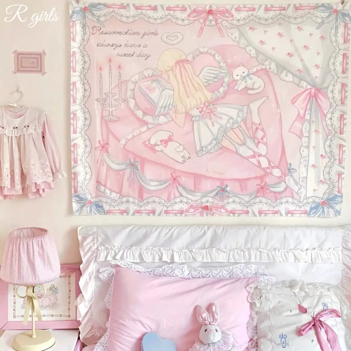 Small Fresh Home Tapestry, Cartoon Bedside Hanging Cloth, Cute Little Pink Background Cloth, Dormitory Bedroom Decoration Cloth