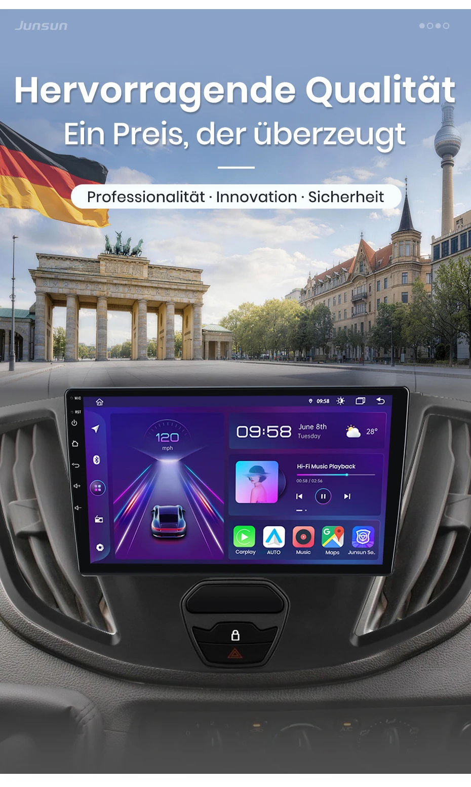 Junsun 9-Zoll Android 15 Autoradio für Ford Transit 2015-2018 mit Apple Wireless CarPlay, Auto-Touchscreen, Stereo-Multimedia-Videoplayer, intelligentes Fahrzeugsystem, 2-DIN-Autoradio-Haupteinheit, GPS-Navigation, Bluetooth 4G, WLAN, 8-Kern-Prozessor, FM, AM, DSP, RDS, DAB+ – Detail 3