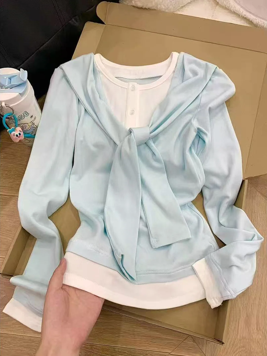 

Sweet Korean Style Blue Long Sleeve Slim Fit Base Layer Top T-Shirt Design Versatile Bottoming Shirt for Women Autumn Season