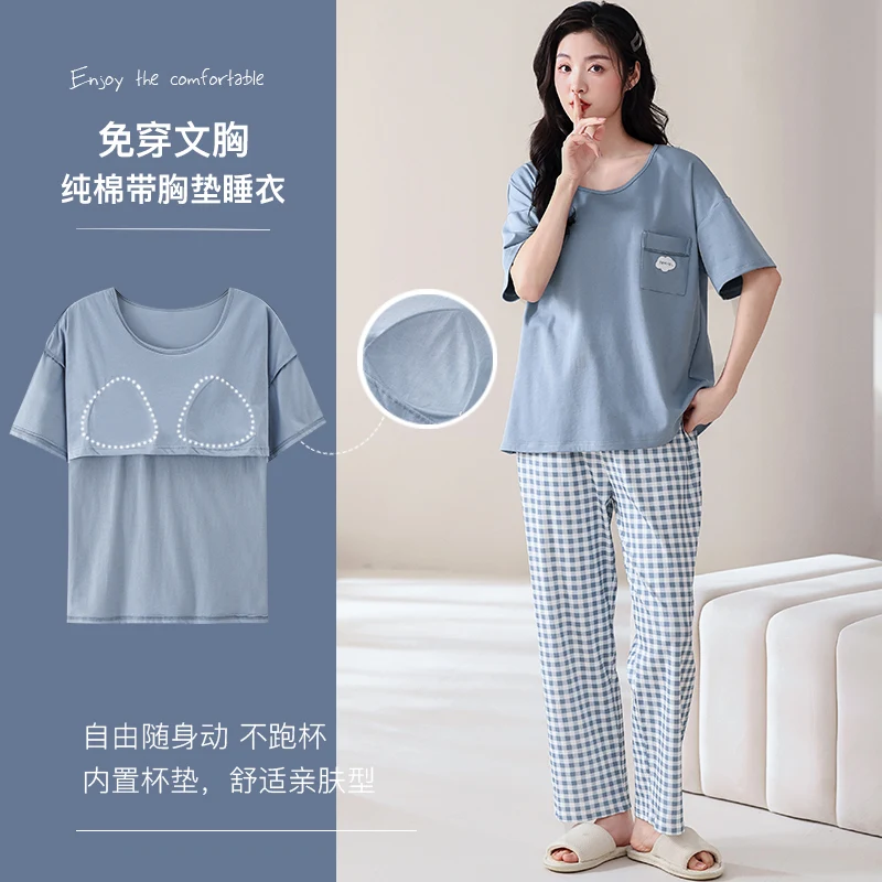 Summer Short Sleeve Sleepwear With Chest Pad 100% Cotton Women Pajamas Set Female Short Top+Long Pants Pijamas Mujer