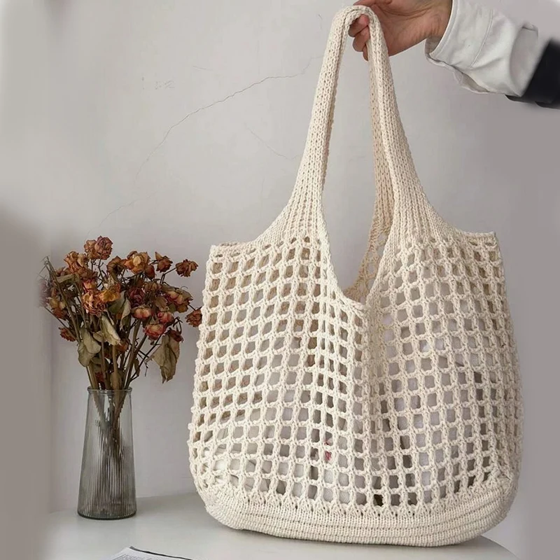 Women Crochet Tote Bag Hollow Beach Bag Large Capacity Fashion Knitted Bag Solid Color Simple Shopping Bag for Travel Vacation