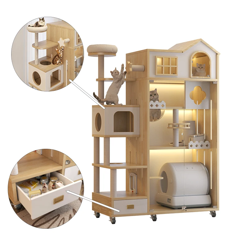 Wood Pet Indoor Luxury Cat Villa Castle House Large Space Wooden Cat House For Long Life