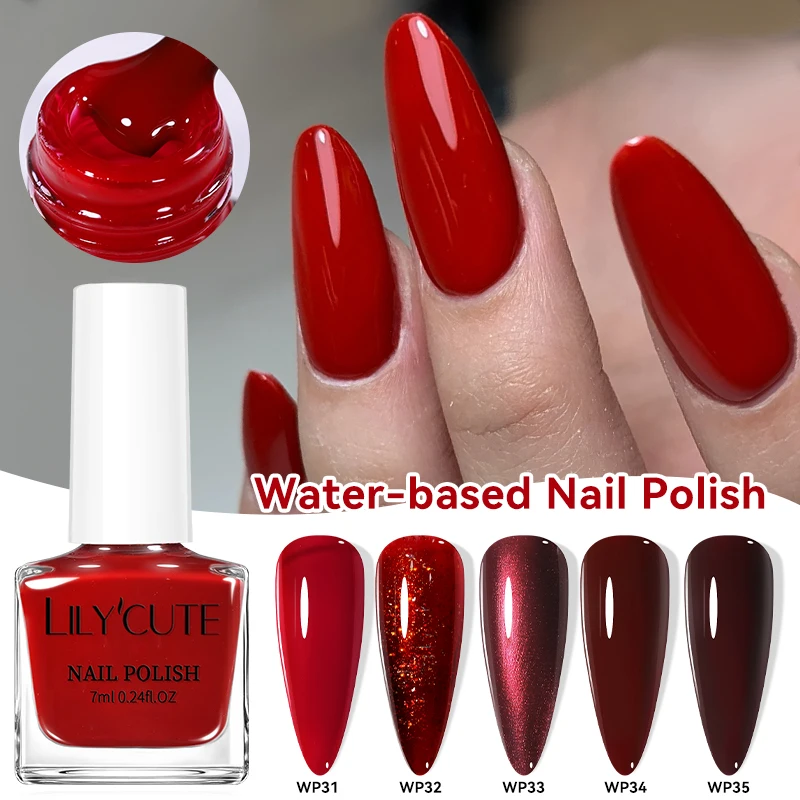 LILYCUTE Smalto per unghie staccabile a base d'acqua con bottiglia di vetro rosso da 7 ml Asciugatura rapida Senza bisogno di lampada Smalto per unghie glitterato