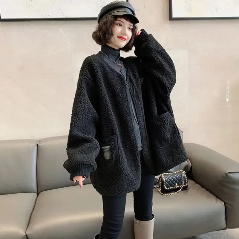 

Autumn Jacket A Korean Style Oversize Women's Fleece Plush Warm Female Vintage Fashion Casual Lamb Wool Coats