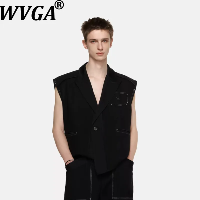 WVGA Spring Summer New Men Asymmetrical Zipper Design Trendy Suit Vest Niche Chic Casual Sleeveless Turn-Down Collar Tops W28441