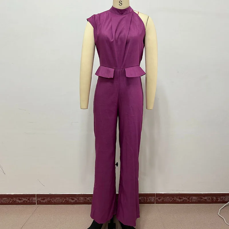 여름 신상 여성 스트레이트 팬츠 롬퍼 패션 불규칙 오프숄더 점프수트 캐주얼 솔리드 컬러 슬리브리스 홀터 플레이수트