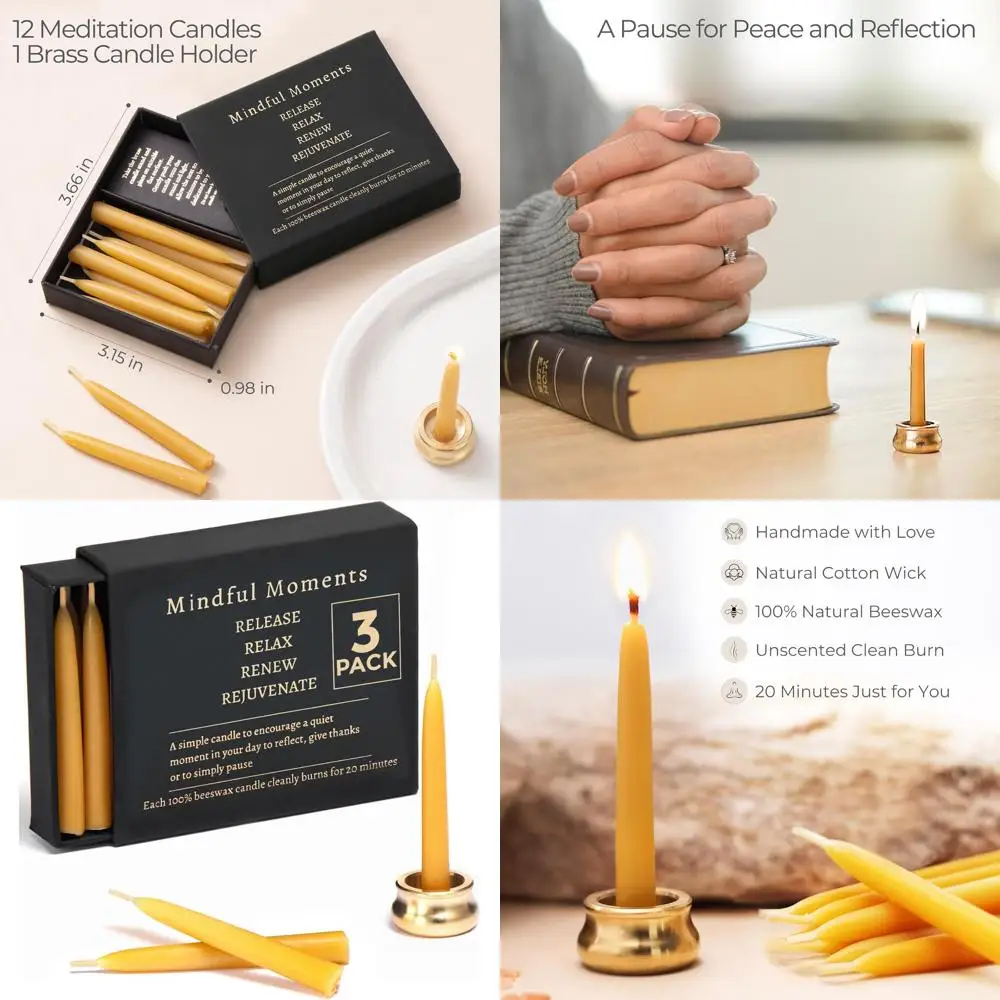 

Mindful Meditation Candle Set with 12 Mini Taper Beeswax Candles with Brass Holder for Prayer & Reflection, Relaxation Gifts for