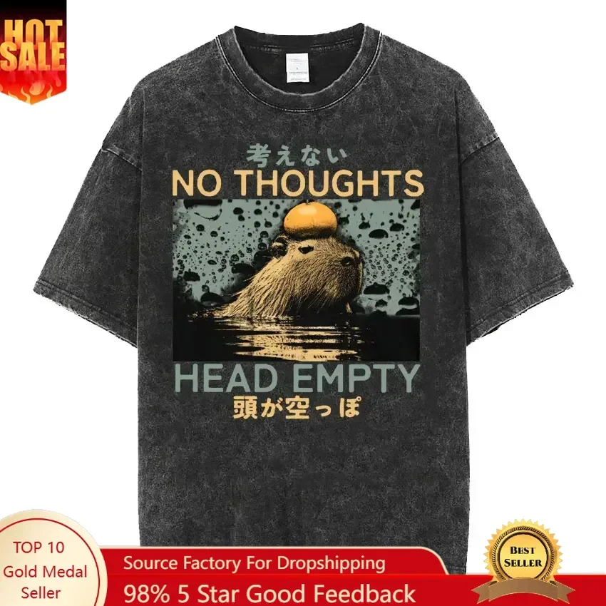 Amare Box No Thoughts Head Empty Japanese T-shirt Funny Capybara Vintage Washed T Shirt Men Women Women Casual Loose Short Sleev