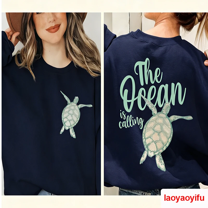 The Ocean is Calling winter Sweatshirt Minimalist Print Lover Sea Turtles thermal Hoodie For Woman Eco Friendly Gifts Pullover