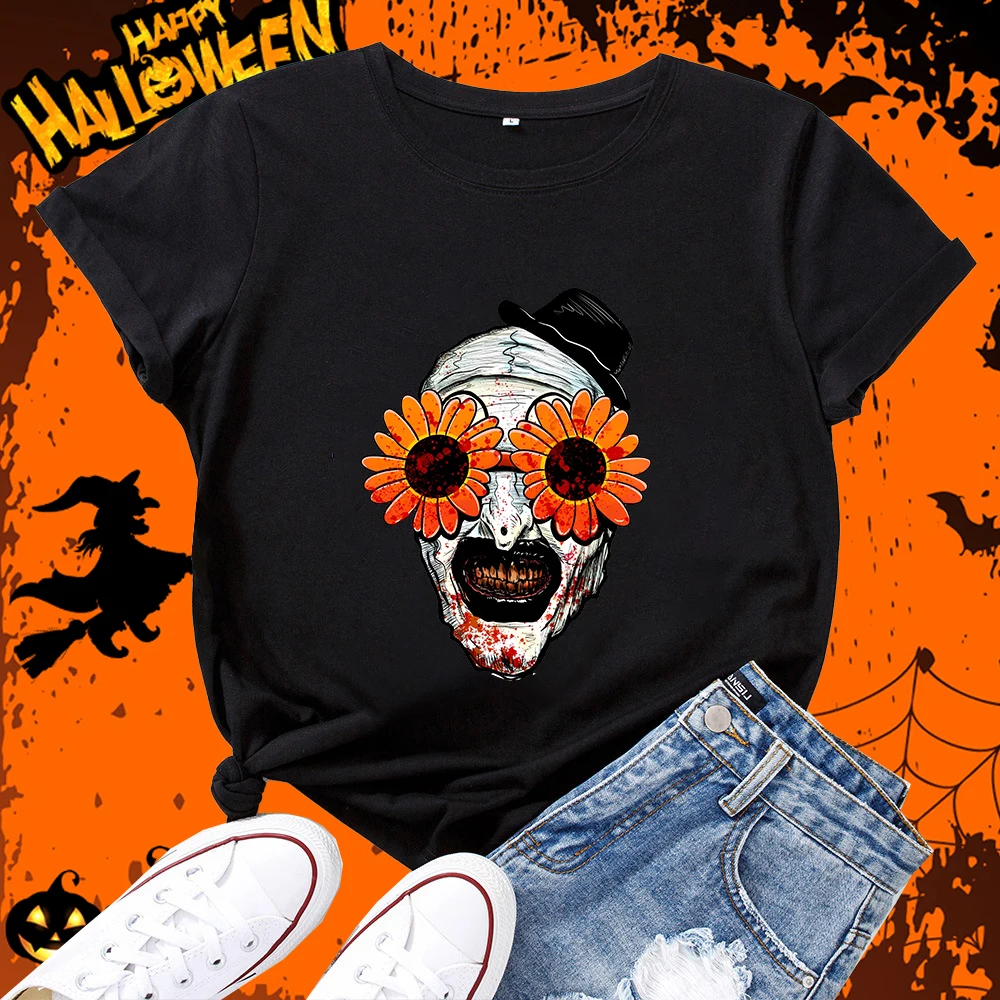 

The Clown Sunflower Sunglasses Halloween Print Women's Classic T-shirt Adult Novel Short Sleeve Personality Casual Top