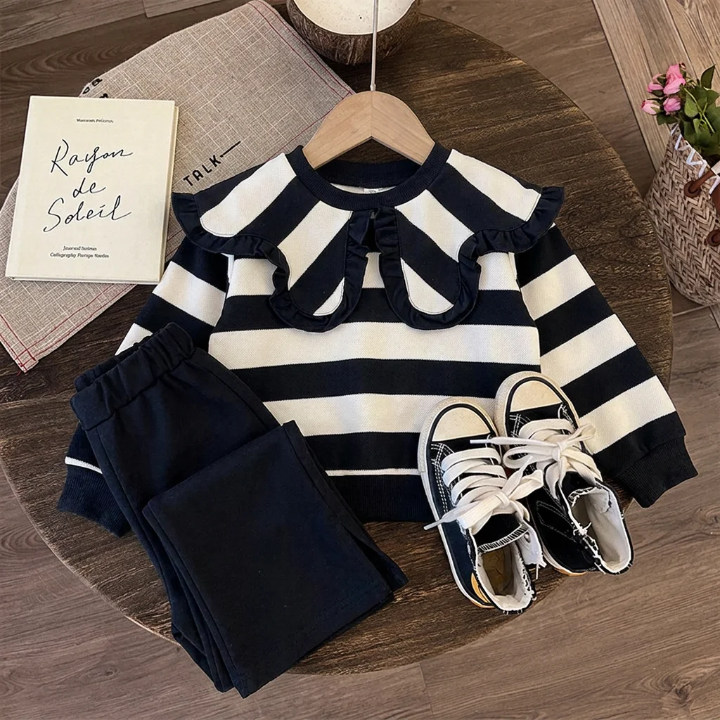 Spring and Autumn Fashion Casual Collar Striped Long Sleeve Top+Split Micro Pull Long Pants Two Piece Set Korean Version
