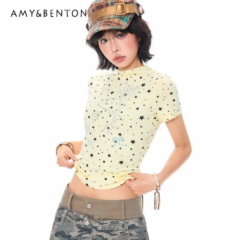 

2026 Summer New Slimming Thin Round Neck Versatile Women's Top Korean Girl Star Full Print Shoulder Short Sleeve T-shirt Ladies