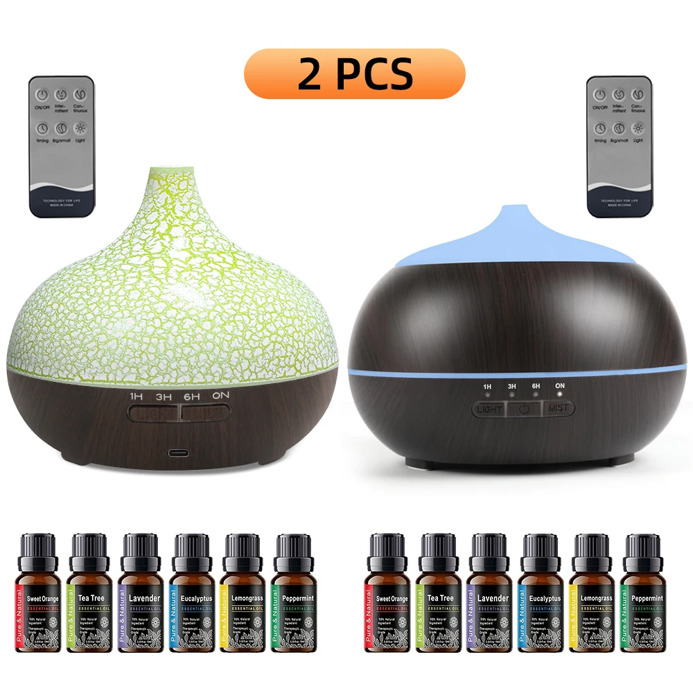 

2 шт. 550 мл тихих диффузоров эфирных масел и 12 масел. 7 светодиодных цветов, пульт дистанционного управления. Идеальный подарок для дома, офиса, спа