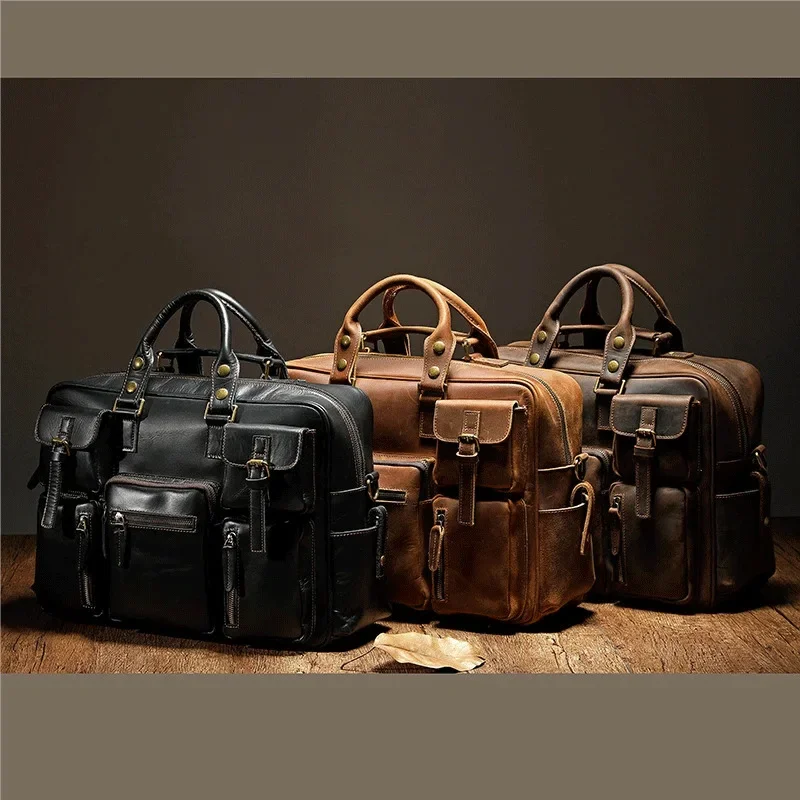 Leather Handbag Retro Men's Top Layer Cowhide Briefcase Large Capacity Travel Bag Laptop Shoulder Leather Messenger Bag