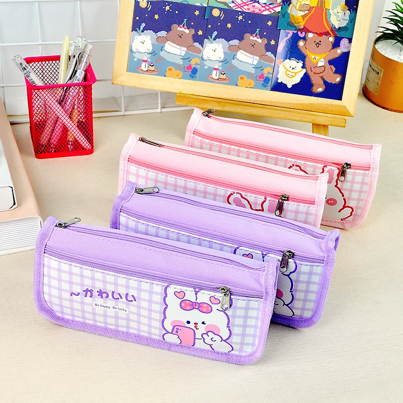 

1pc Piece Pencil Case Leather Pencil Case Pink Purple Rabbit Pattern Stationery Case Holder Case