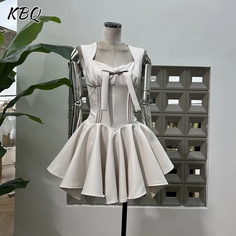 

KBQ French Style Retro Slimming Dresses For Women Square Collar Sleeveless High Waist Spliced Bowknot Chic Draped Dress Female