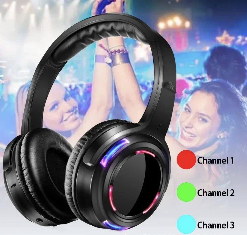 Nova cobertura de alta qualidade 500m 3 áudio rf silencioso disco fones de ouvido disco silencioso disco sem fio led silencioso fones de ouvido