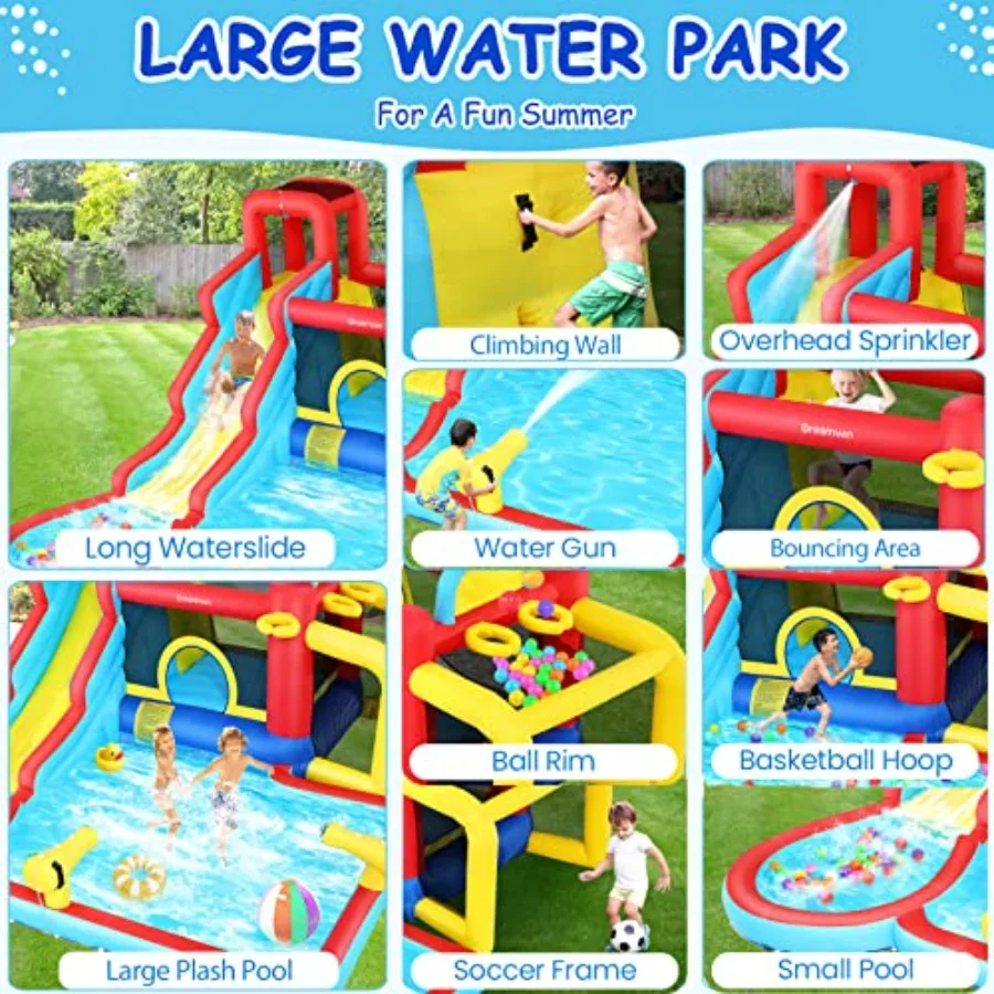 Corrediça de água inflável para casa de salto de água 10 em 1, parque aquático de quintal com corrediça de água longa e grande piscina de respingo, pente seco e molhado