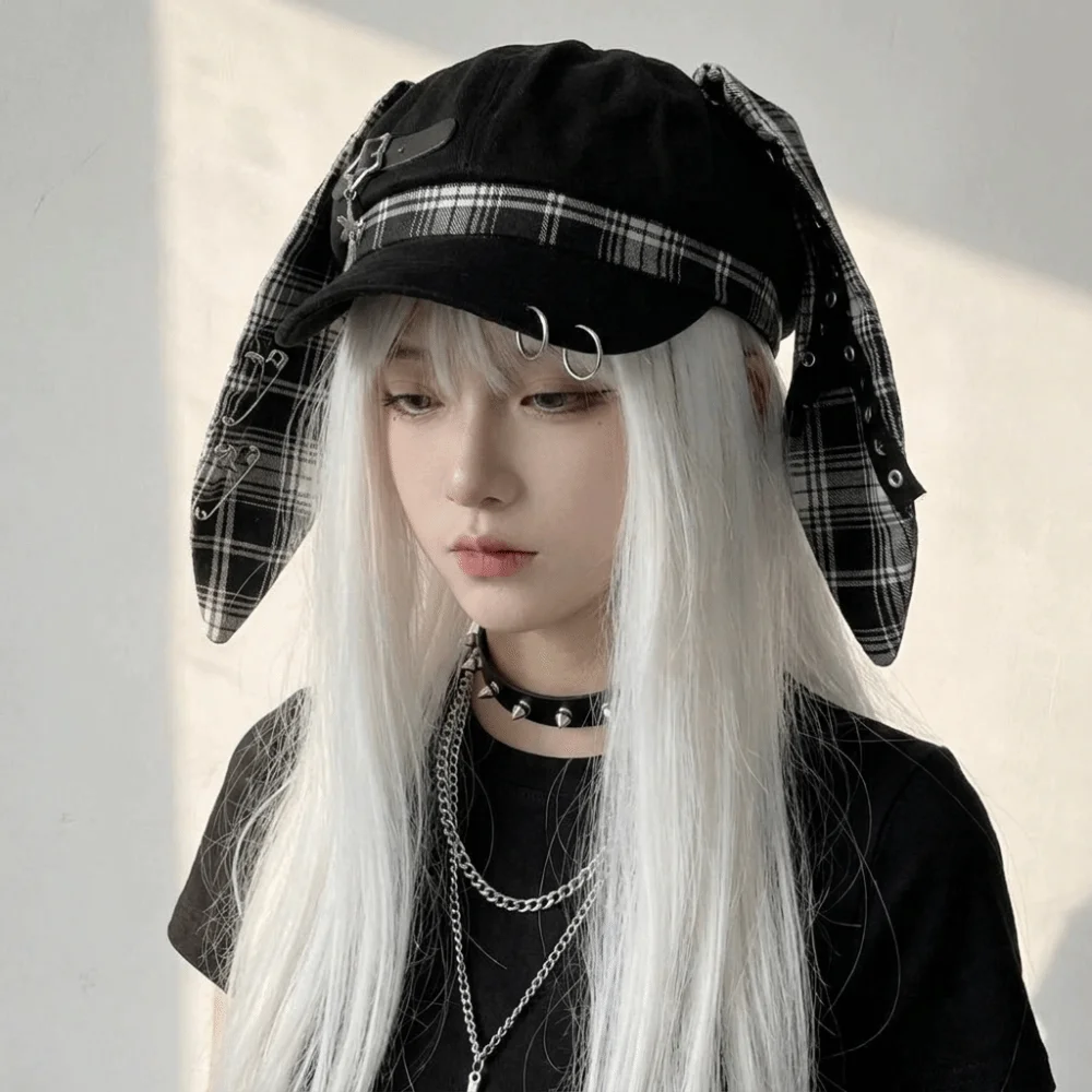 Casual Rabbit Ears Plaid Beret Hat Thin Brim Y2K Painter Artist Cap Subculture Irregular Newsboy Peaked Hat Photography Prop