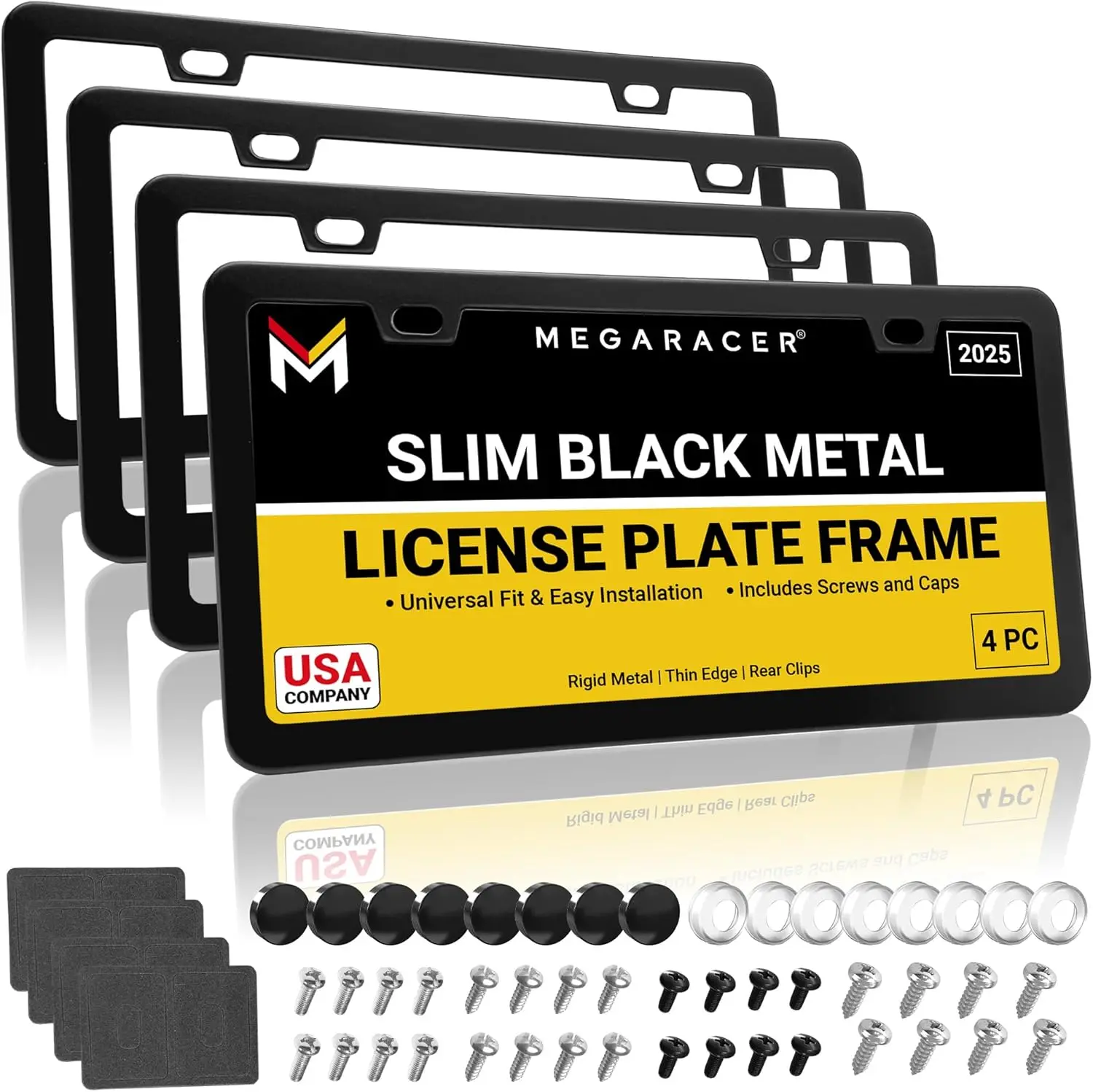 

Slim Matte Black License Plate Frames, 4 Pack Stainless Steel Rust-Free Universal Fit with Screw Caps