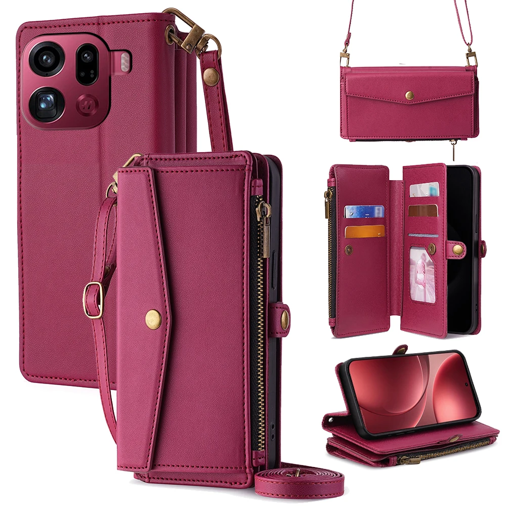 

Чехол-кошелек Crossboby для OPPO Find X9 Pro 5G, кожаный флип-чехол для телефона с двумя ремнями и карманом для карт