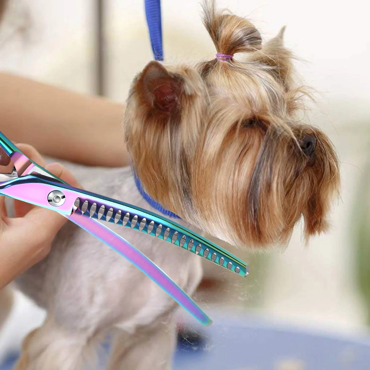 7 Inch Rainbow Pet Chunker Scissors - Ergonomic Upward Curved Blades for Thinning, Texturizing, Trimming, and Shearing