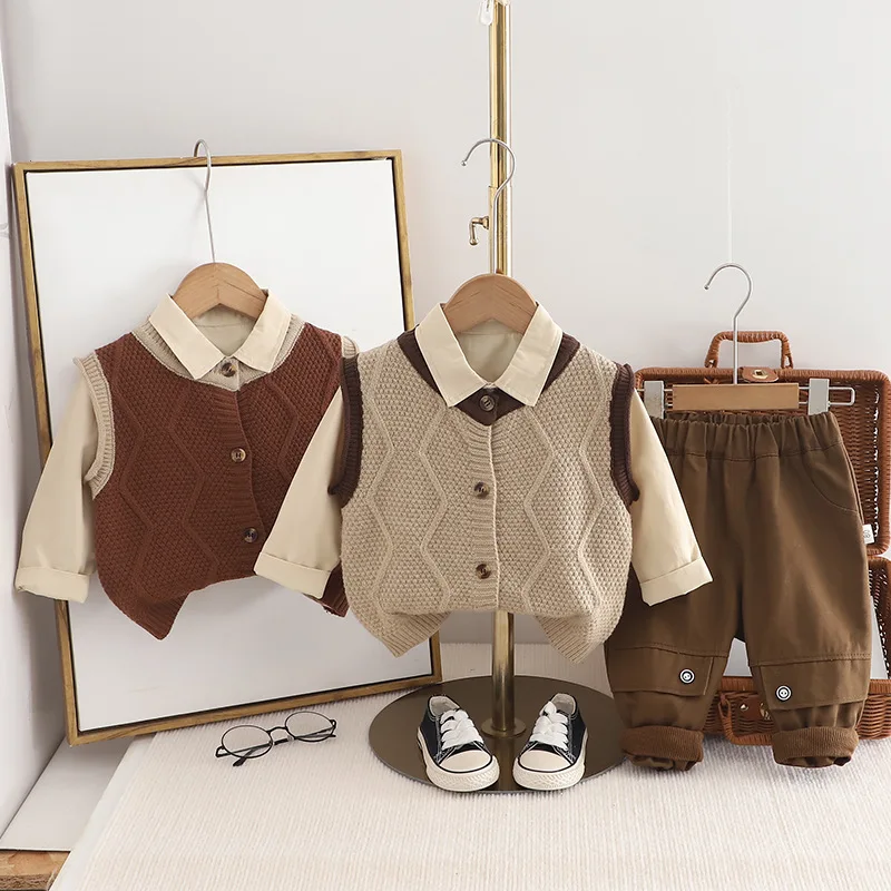 

Boys Clothes Sets Spring Autumn 2025 Children Woolen Jersey Sweaters Vest Shirts Pants 3pcs Casual Suit For Baby Outfits Kids 6Y