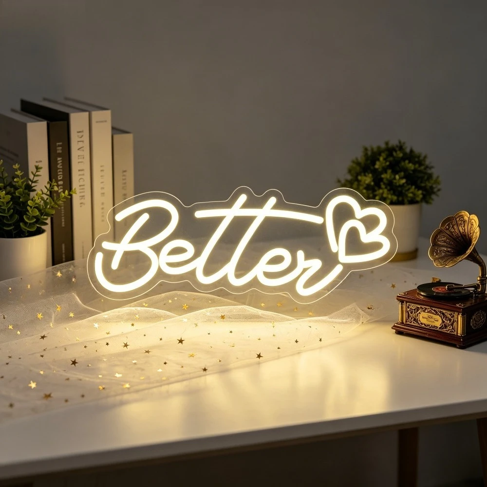 

Neon Sign Better LED Night Light USB Rechargeable Warm White Heart Aesthetic Decor for Bedroom Living Room Inspirational Gift