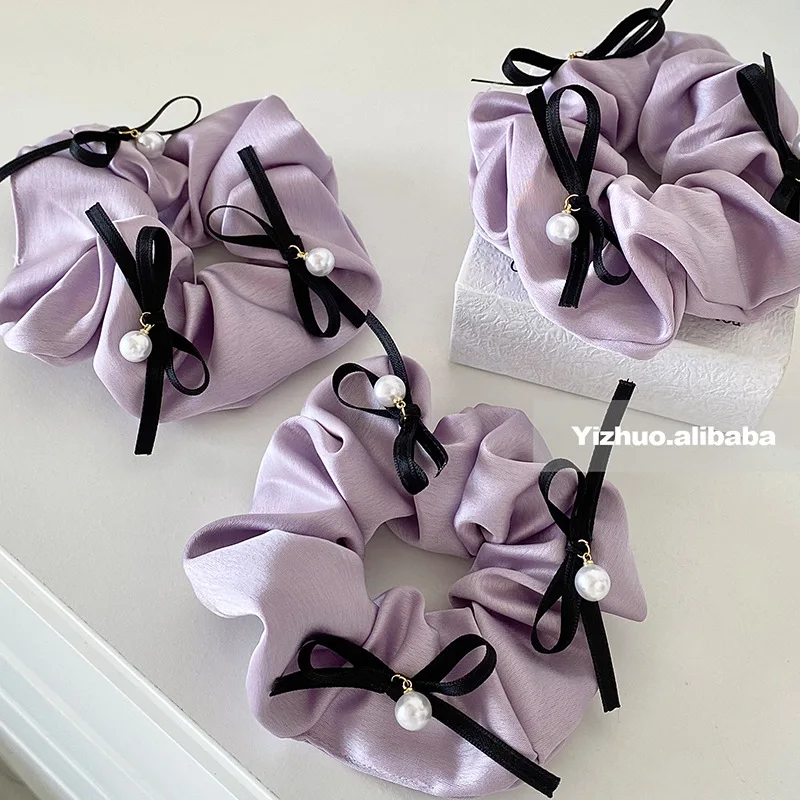 Scrunchies roxos para meninas e mulheres, acessórios para cabelo Y2K, laço de cabelo com pérolas, laços para coque