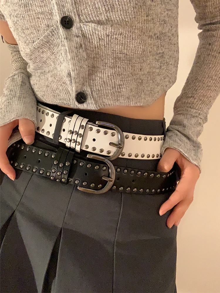 Retro Hong Kong Style Pure Color Punk Rivet Belt Women's Spring Summer 2026 Versatile High-End Feel PU Leather Belt Trendy