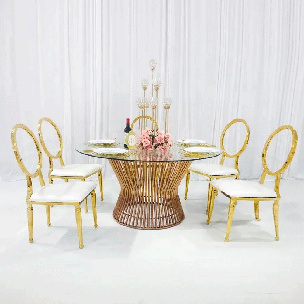 

wedding furniture rose gold 4 seats glass stainless steel event hall dining table