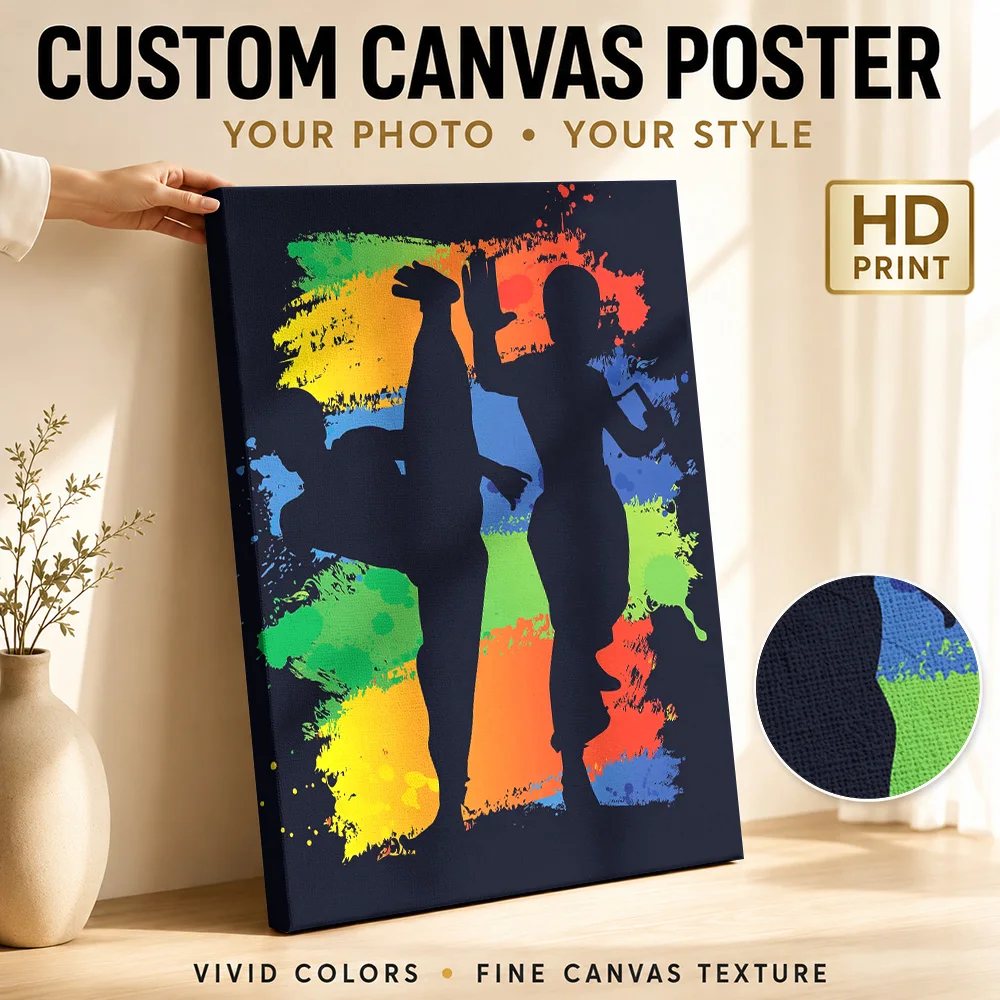 Martial Arts Silhouettes With Colorful Splashes Framed Canvas Poster Personalized Photo Japanese Ink Wall Art for Studio Decor