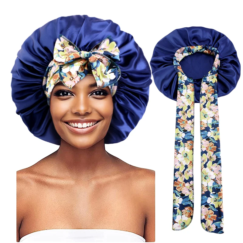 Damen-Satin-Mütze mit Schnürung und breiten Stretch-Krawatten, Band, langer Schwanz, Satin, Cheveux Nuit, seidige Schlaf-Nachtmütze, Mützen – Detail 14