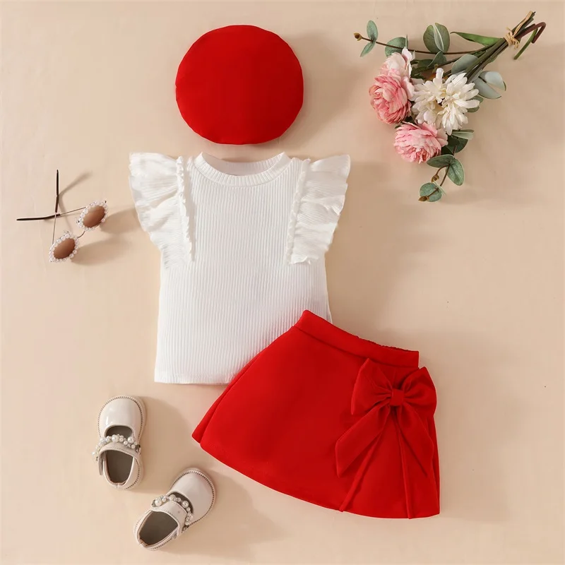 ملابس صيفية للفتيات الصغيرات بأكمام مضلعة ورقبة دائرية مع تنورة فيونكة صلبة ومجموعة من 3 قطع #3