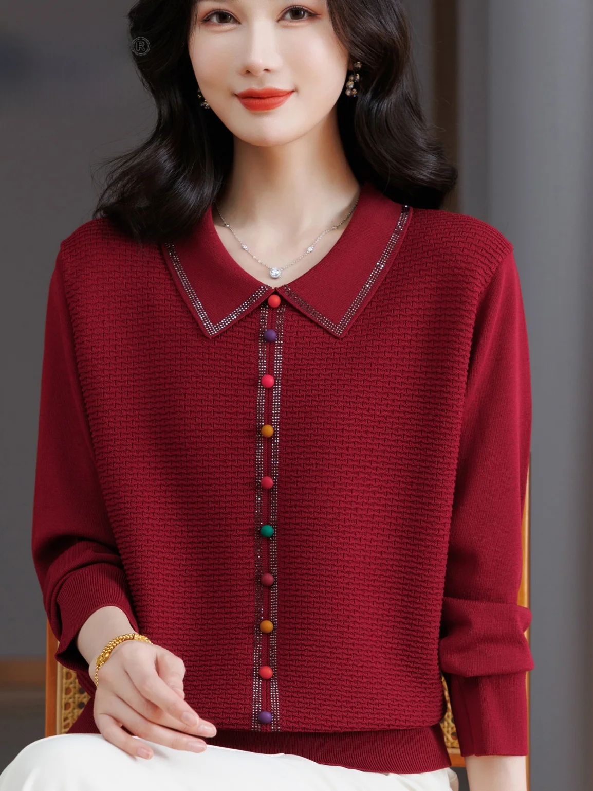 

Spring Autumn Knitted Sweater Women's Loose Fit Faionable Button Design Diamond Heat Transfer Collar Mid-aged Mom's Sle