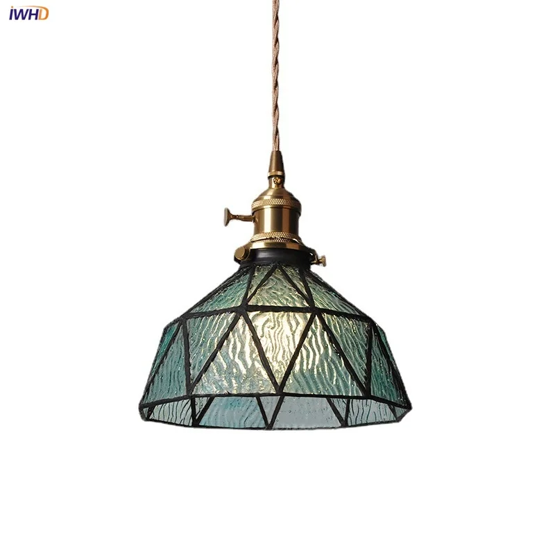

IWHD Blue Glass LED Pendant Light Fixture Living Dining Room Bar Wire Adjustable Copper Knob Switch Hang Lamp Lamparas Colgantes