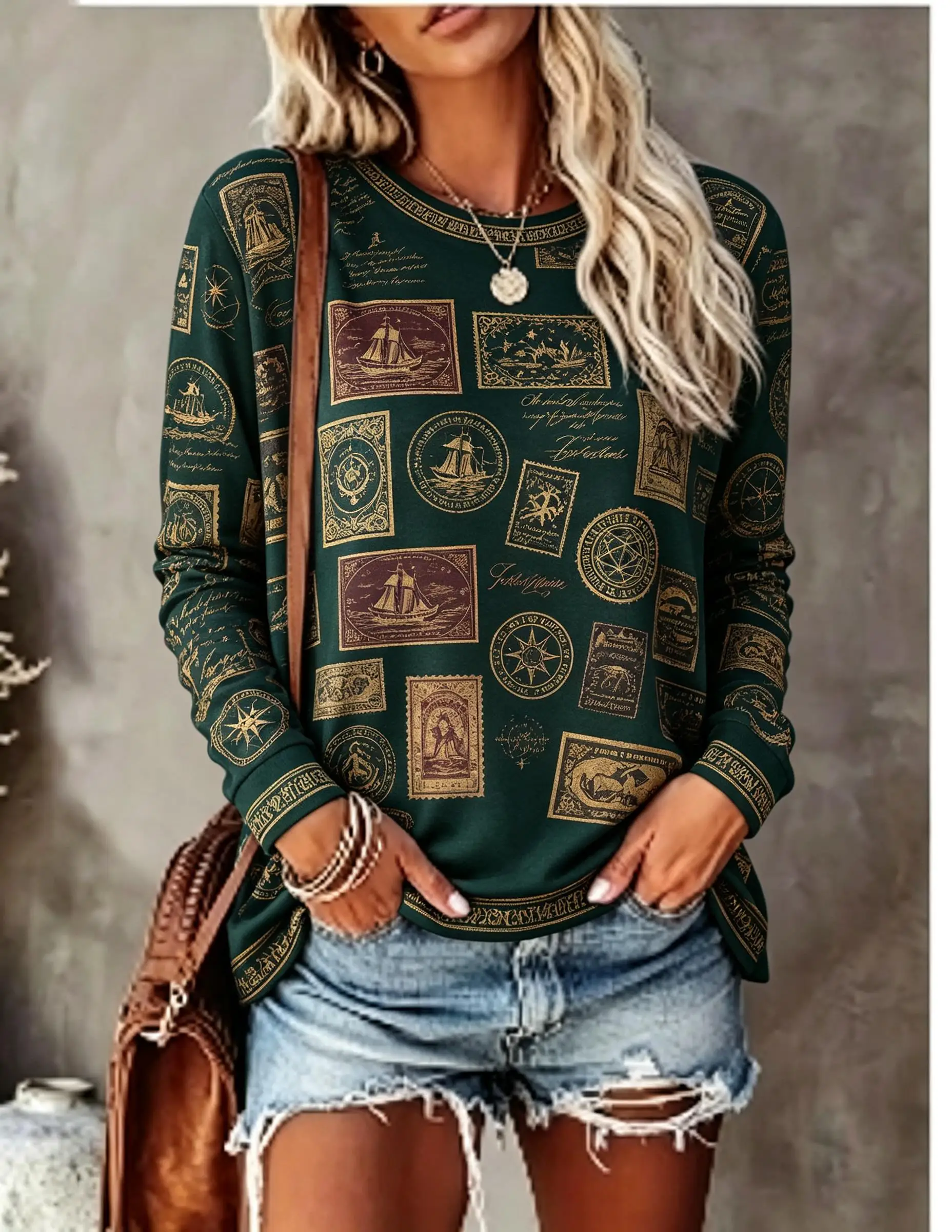 Women Crew Neck Long Sleeve Tops, Vintage Stamp Print Casual Loose T‑Shirt