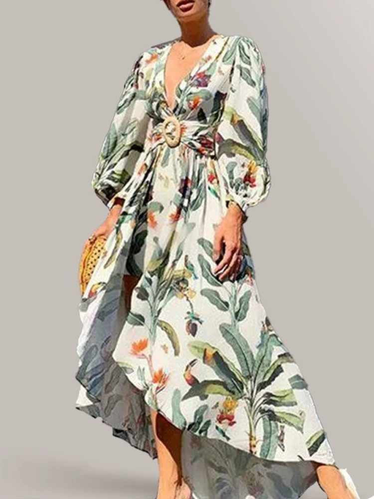 

2025 Summer New European and American Women's Casual Fashion Sexy Deep V-neck Printed Elegant Dress Ladies