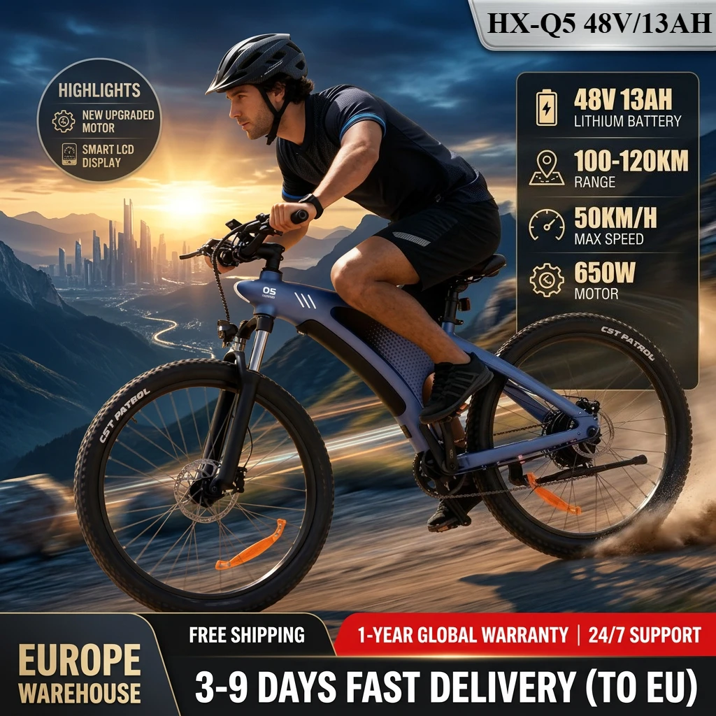 Vélo de montagne électrique HX Q5 1000W Peak, batterie amovible 48V 13Ah, 27,5 pouces, couple de 85 Nm, vélo tout-terrain électrique, 45 km/h, freins à disque hydrauliques Shimano 9 vitesses