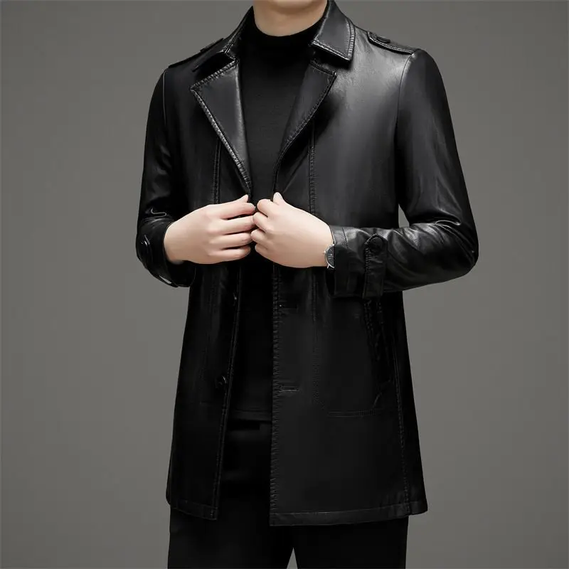 

Мужская кожаная куртка средней длины с лацканами, мягкая кожаная флисовая утолщенная ветрозащитная теплая высококачественная деловая модная куртка из овчины