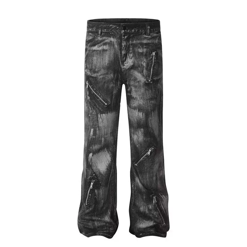 American High - Street Washed Zipper Vintage Jeans, New Men Slightly Flared, Painted and Tie - Dyed Pants for Spring and Summer