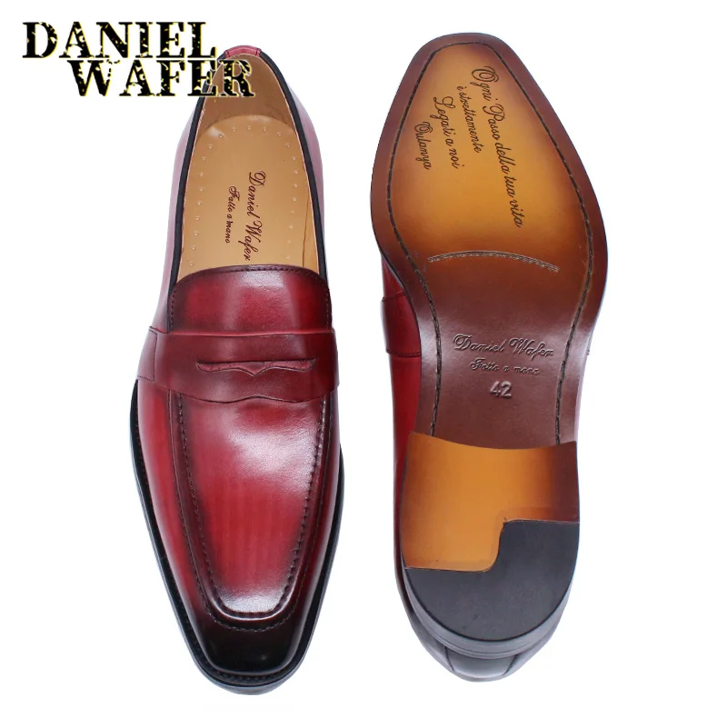 Luxury Men Penny Loafers Genuine Leather Slip On Red Black Casual Business Dress Shoes Mens Wedding Party Office Fashion Shoes - view 5