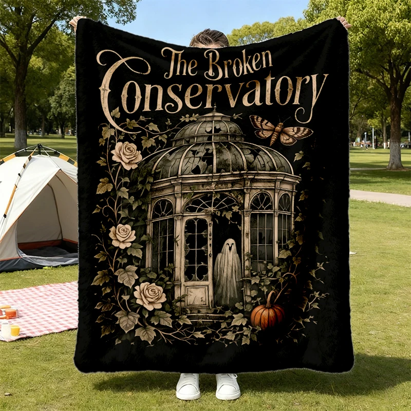 Broken Conservatory Comfy Blanket, Halloween Flannel Blanket, Haunted Greenhouse Flannel Throw, Botanical Ghost Spooky F