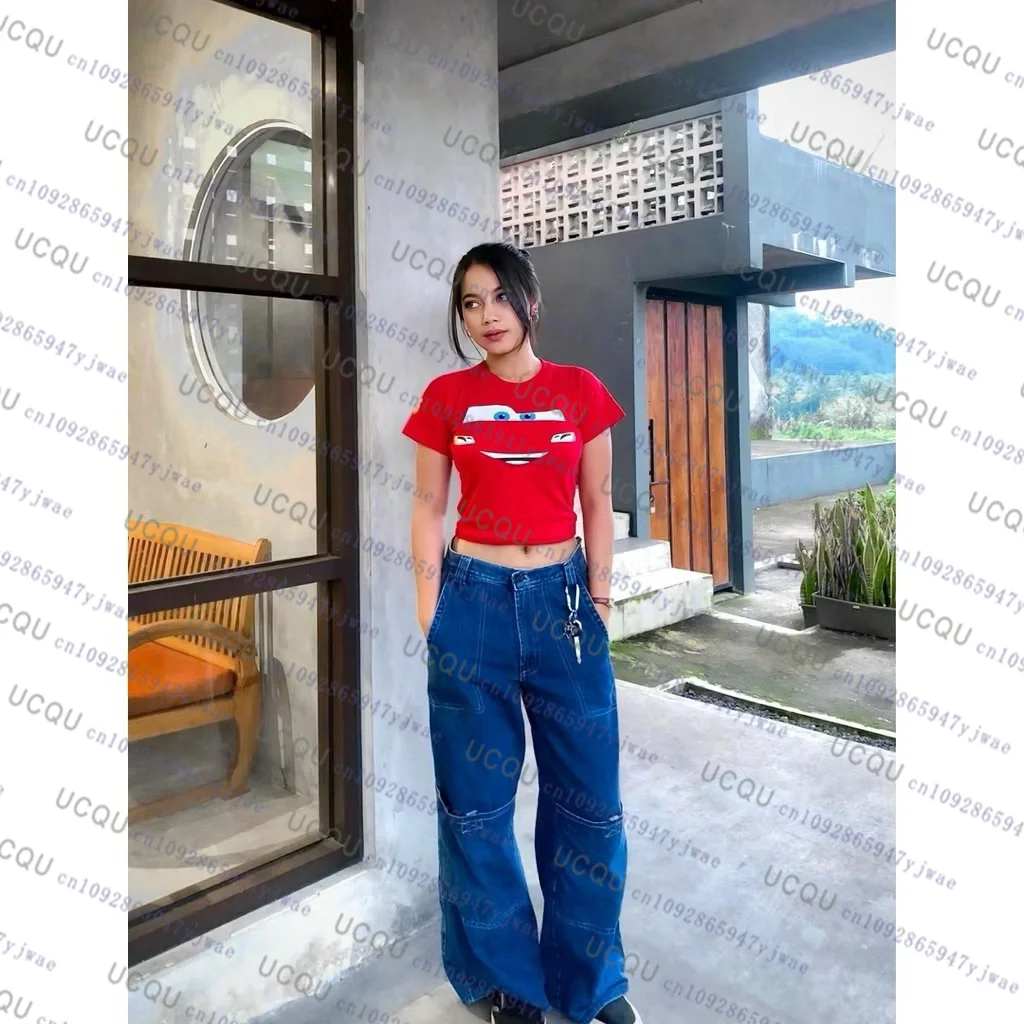 أزياء المرأة المحاصيل المحملة البرق ماكوين سيارات طباعة ثلاثية الأبعاد المرأة تي شيرت قصير الأكمام الشارع الشهير Y2K فضفاض ملابس النساء غير رسمية